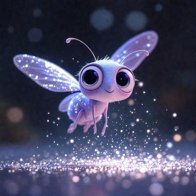 The primary subject of the image is a small, colorful, and cute butterfly. The butterfly is flying in the air, surrounded by a sparkling, glittery background. The visual style of the image is a combination of photo and digital art, creating a whimsical and lively atmosphere. The colors and mood of the image are predominantly bright and cheerful, with the butterfly being the main focus and the sparkling background adding a sense of magic and wonder.